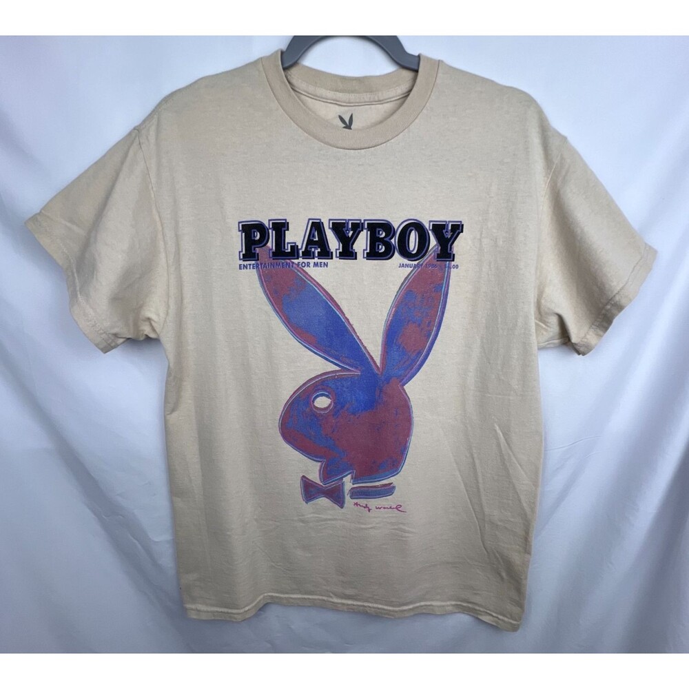 Playboy x Andy Warhol Graphic Tee Mens M Beige Pop Art Bunny Logo Short Sleeve